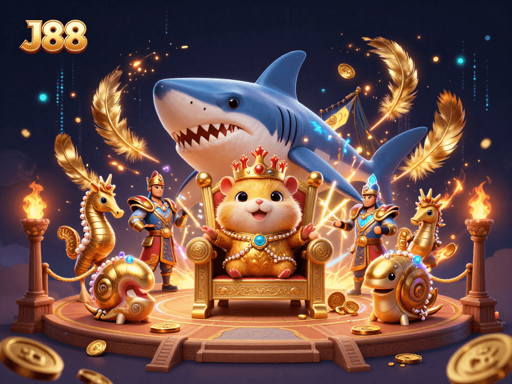 Experience J88's thrilling gaming scene with a fierce golden hamster king ruling from his megalodon throne.
