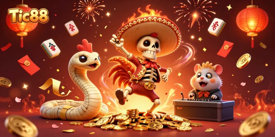 Tic88 brings thrilling online gambling to life with a colorful celebration of vibrant characters and casino elements.