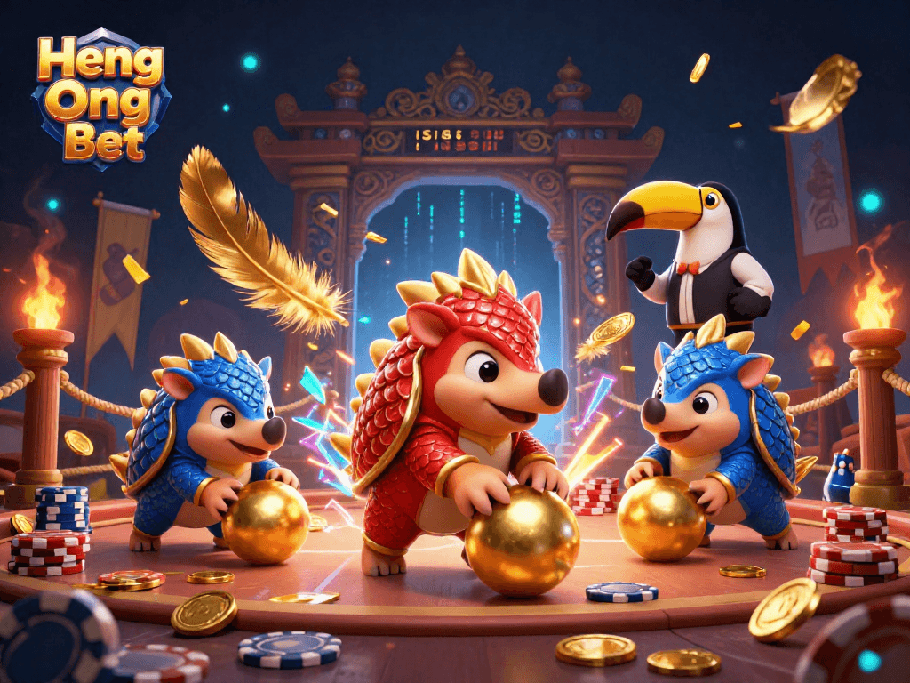 Experience thrilling play with Heng Ong Bet as cartoon pangolins roll through poker chips in a vibrant casino.