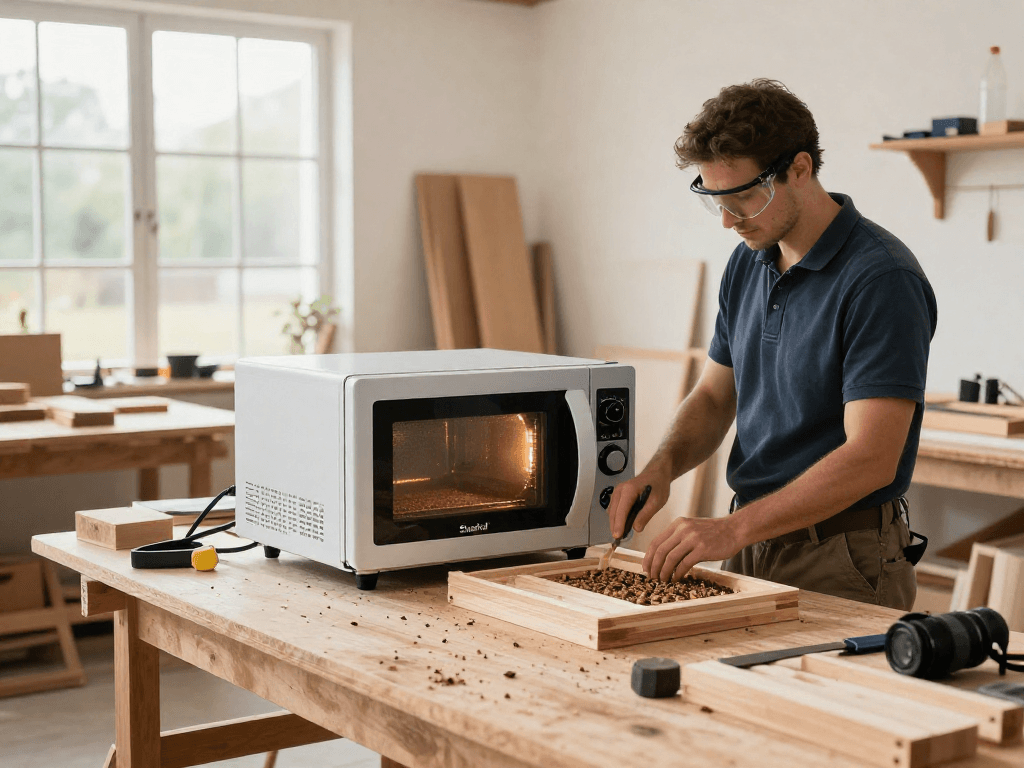Shashel microwave equipment effectively eliminating wood-boring beetles in a modern workshop.