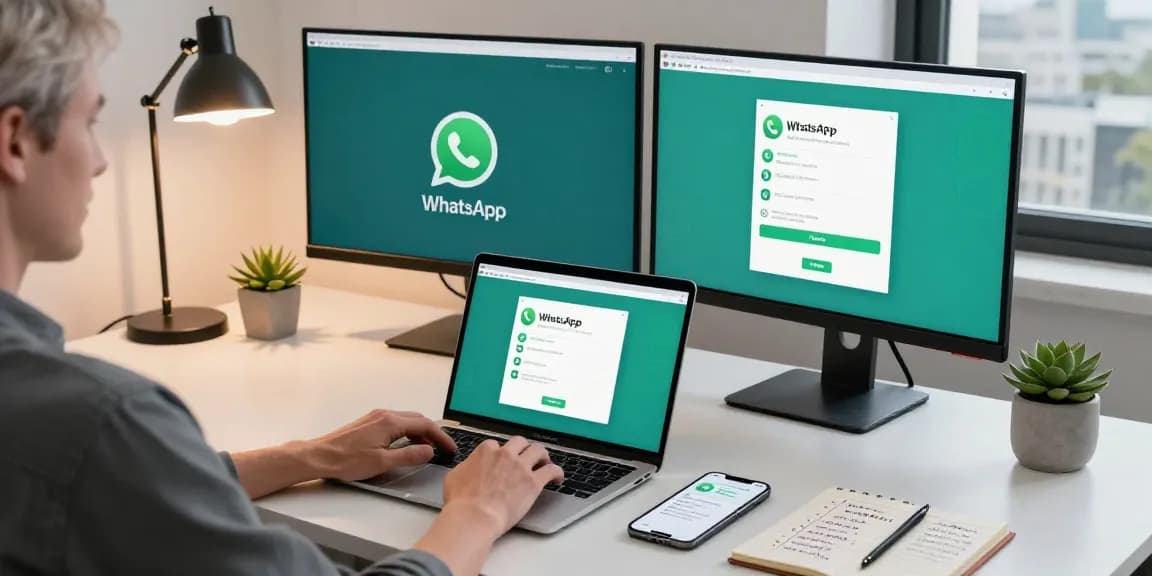 Engaging workspace scene using WhatsApp網頁版, showcasing productivity with laptop and smartphone.