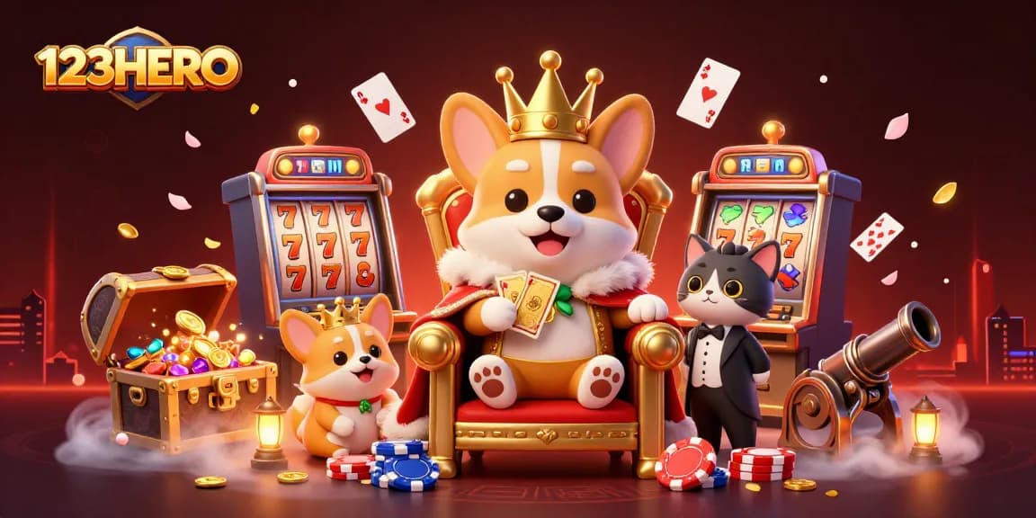 Engage with exciting slot games at 123HERO featuring a playful royal corgi and dynamic casino elements.