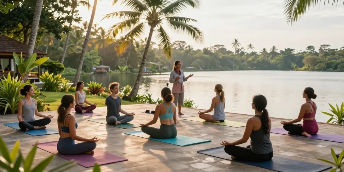 Students participating in the 200hr yoga teacher training Sri Lanka, practicing asanas on a beautiful lakeside deck amidst lush greenery.