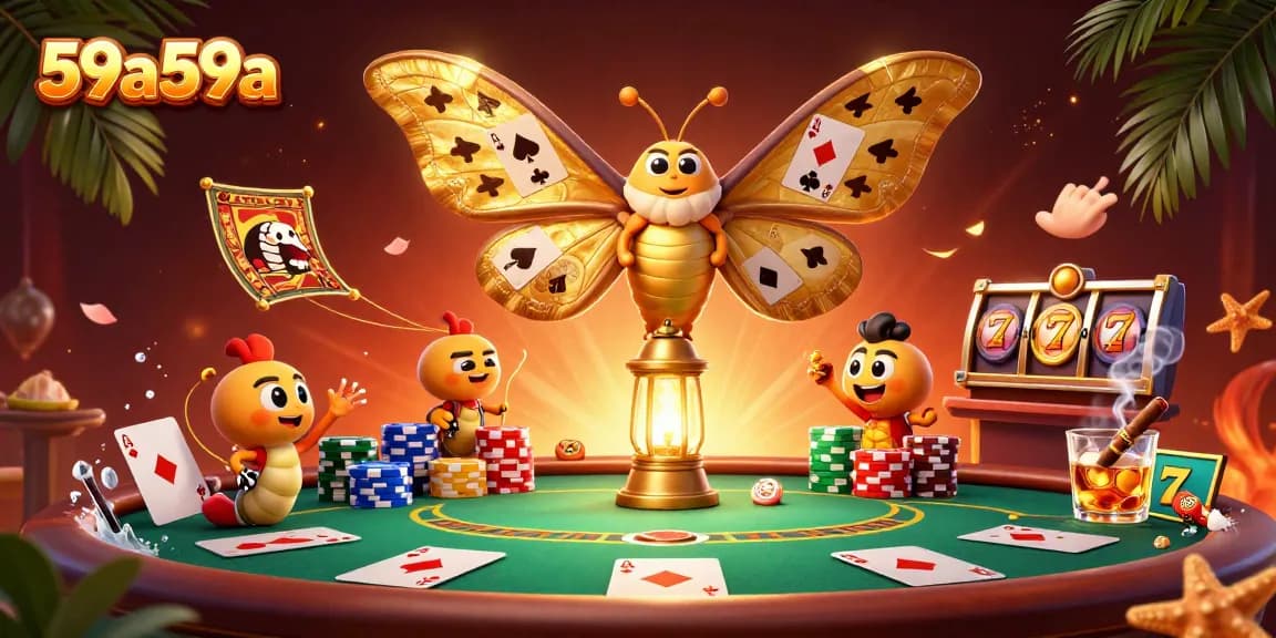 Experience excitement at 59a59a as the golden-winged moth presides over a lively casino scene.