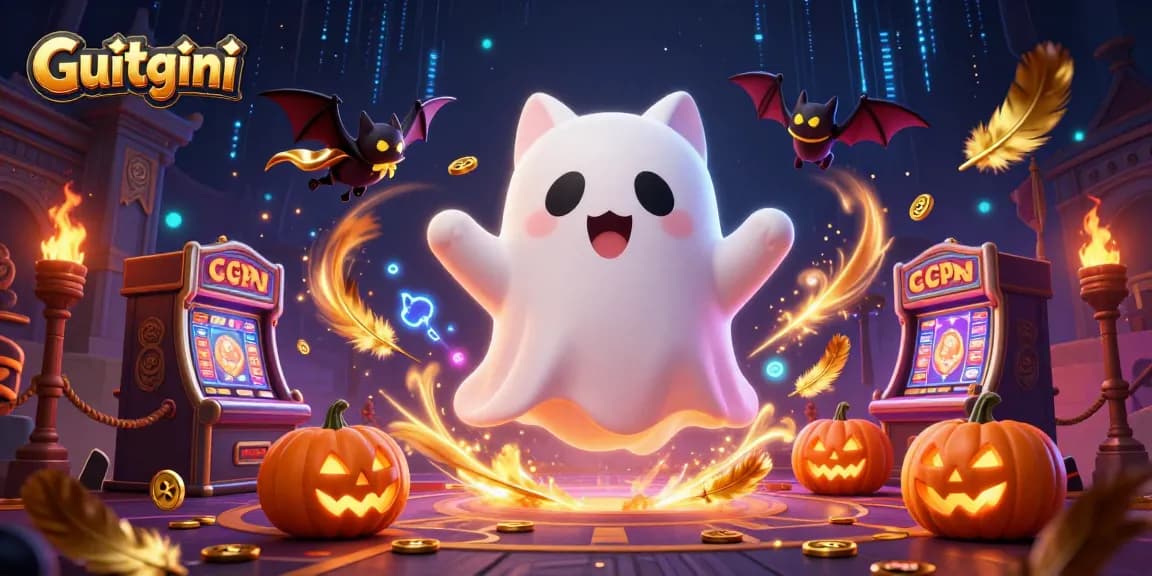 Spin and win with Guitgini's vibrant casino ghost cat experience amid glowing jack-o-lanterns.