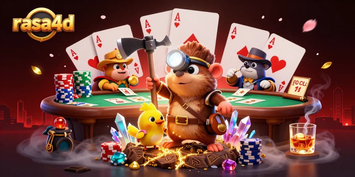 Rasa4d menangkap keseruan permainan dengan karakter tambang dan meja poker penuh chip.