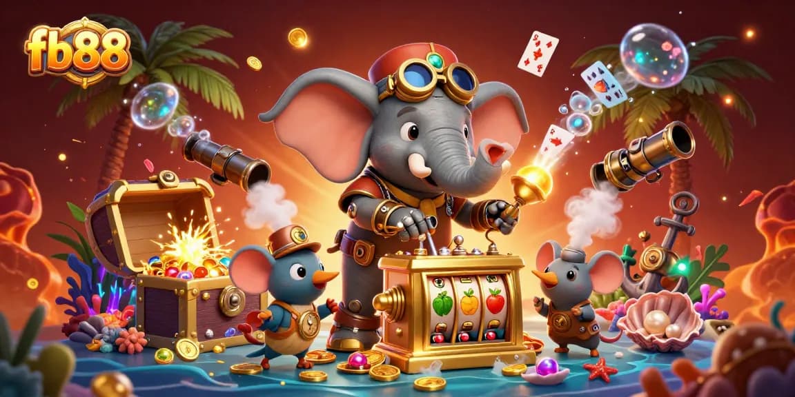 Engage in thrilling gameplay at fb88, featuring a steampunk elephant engineer with dazzling slot machinery.