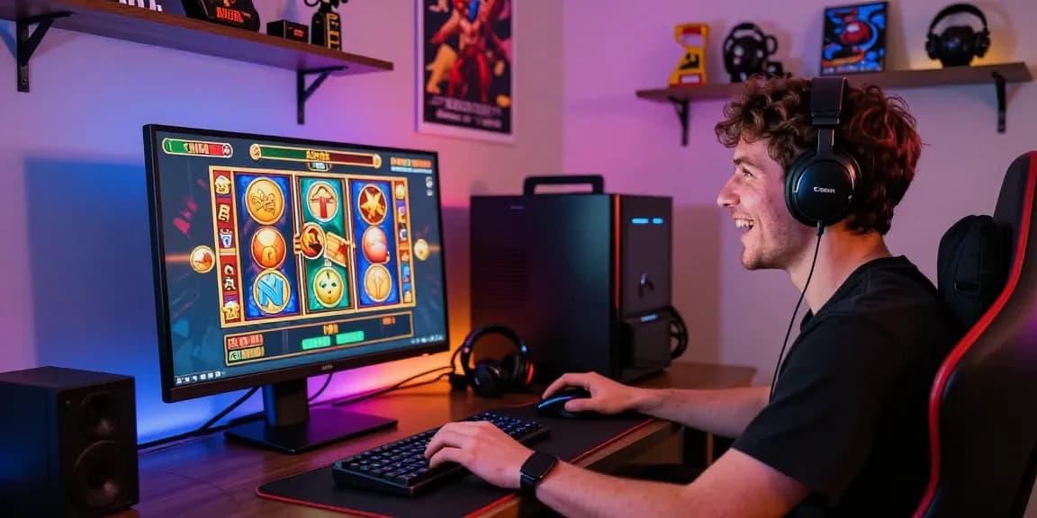 Enthusiastic player at a slot terpercaya online game, showing vibrant gaming accessories and colorful slot reels