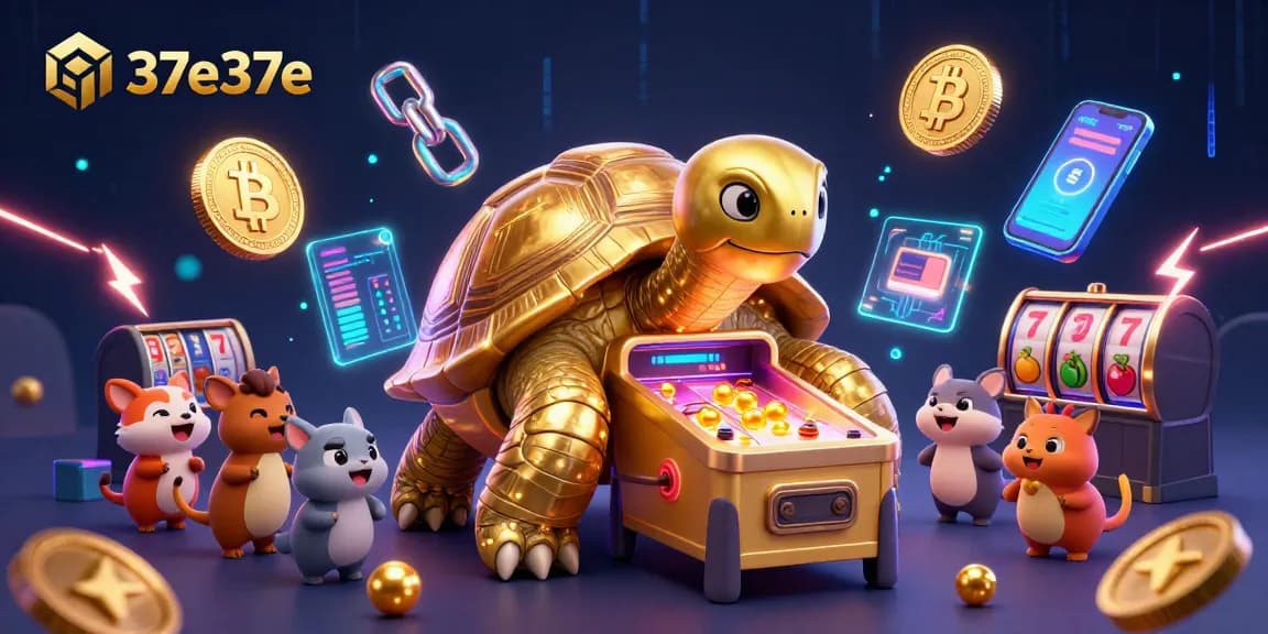 Engage with 37e37e's vibrant casino world, featuring exciting slots and crypto elements in a colorful illustration.