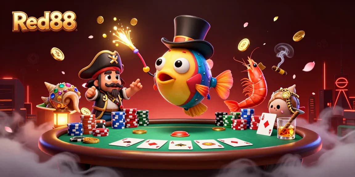 Engage with the thrilling Red88 gaming world featuring an anglerfish, shrimp, and sea snail amid vibrant casino elements.