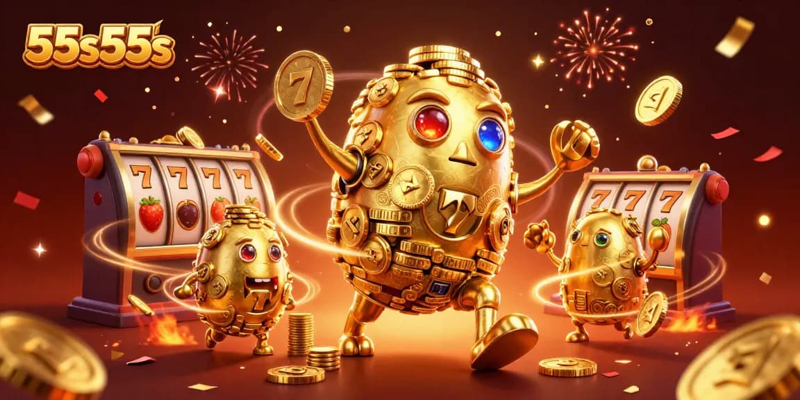 Experience thrilling slot action with 55s55s, featuring a golden golem amidst vibrant casino elements.