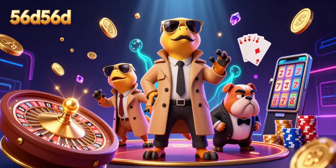 Engaging scene of 56d56d with cartoon raptors at a VIP casino, showcasing vibrant gambling elements.