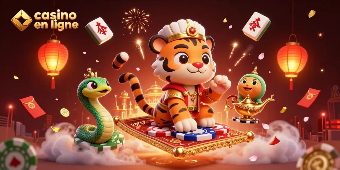 Découvrez l'excitation du casino en ligne avec une illustration dynamique et pleine d'action mettant en scène un thème des Mille et Une Nuits.