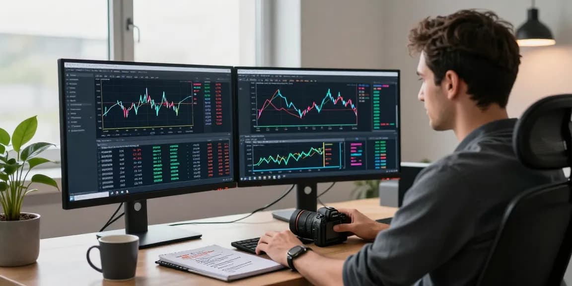 Engaged trader using MetaTrader 5 with charts and analytics in a modern workspace.