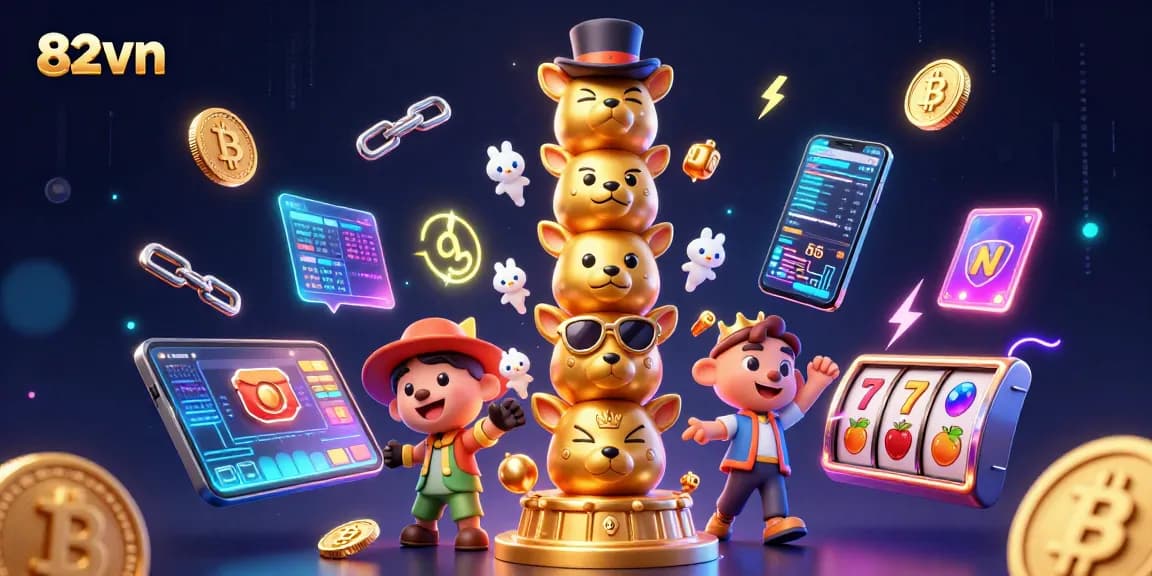 Place bets and win at 82vn's exciting casino with vibrant 3D illustrations showing unique game elements.