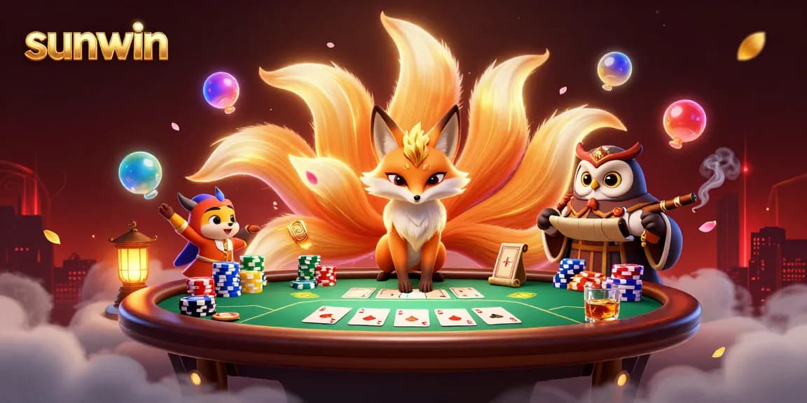 Experience thrilling gaming at sunwin with a vibrant nine-tailed fox and owl sage amidst poker action.