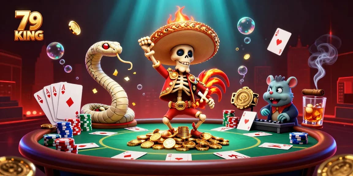 79 KING interactive cartoon scene featuring a vibrant celebration in a casino atmosphere with skeleton mariachi, mummy snake, and DJ hamster.