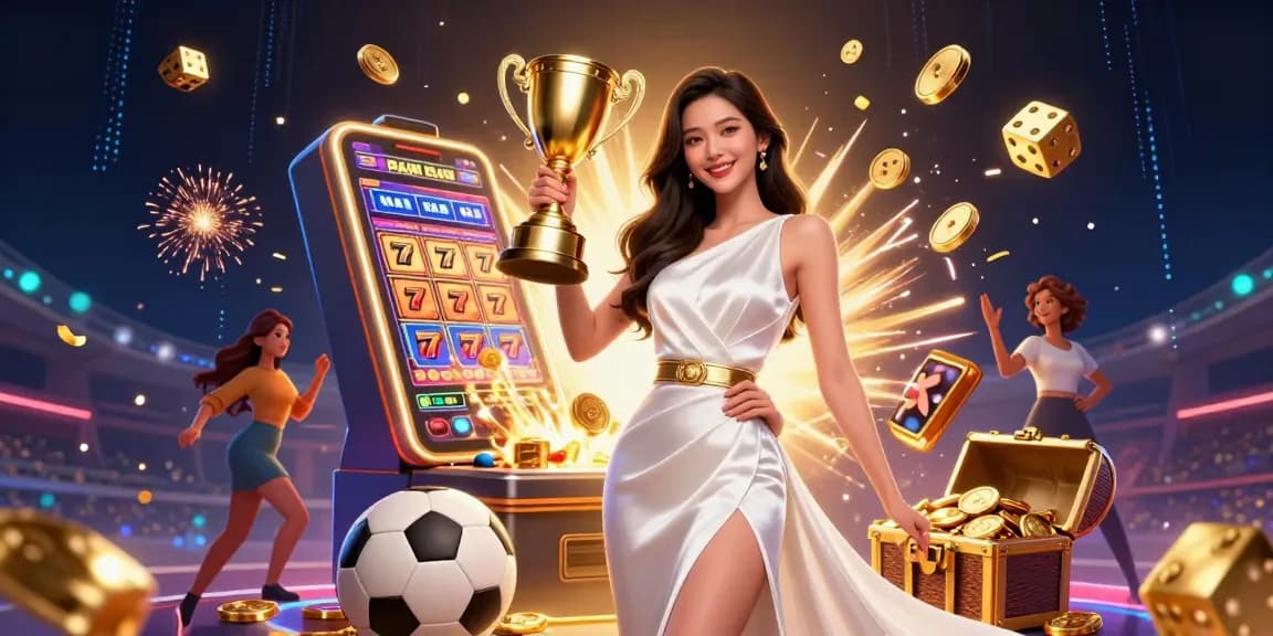 Experience thrilling wins at hitclub with a confident Asian woman showcasing her trophy amidst exciting casino elements.
