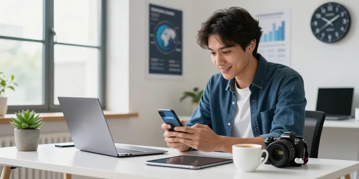 Young professional using 纸飞机中文版 app on smartphone in a bright workspace.