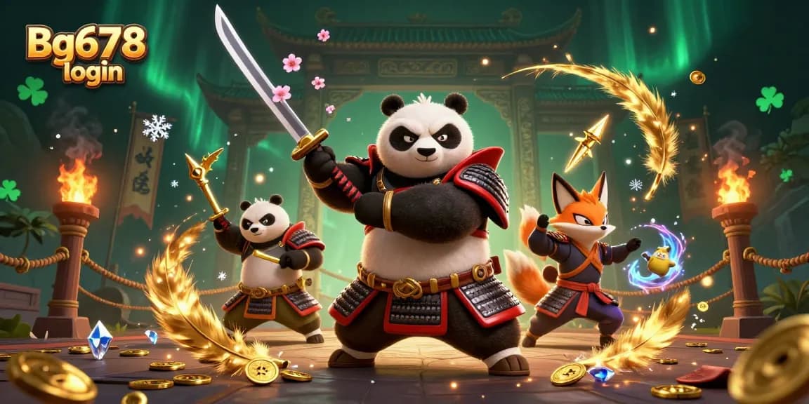 Action-packed scene representing Bg678 login with samurai panda and ninja fox in a casino arena.