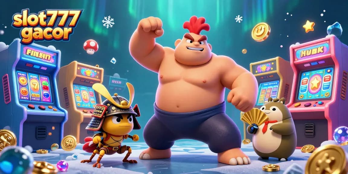 Experience the excitement of slot777 gacor with a dynamic scene of gaming characters and vibrant casino elements.