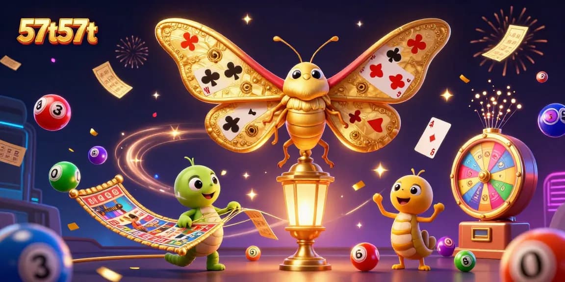 Experience the excitement of 57t57t with vibrant casino-themed elements and a whimsical moth illustration.