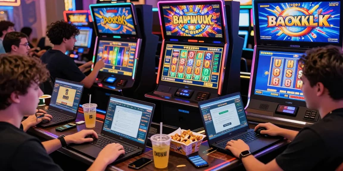 Excited players engaging with rokok88 slot login in a vibrant online gaming environment filled with neon lights and slot machine graphics.
