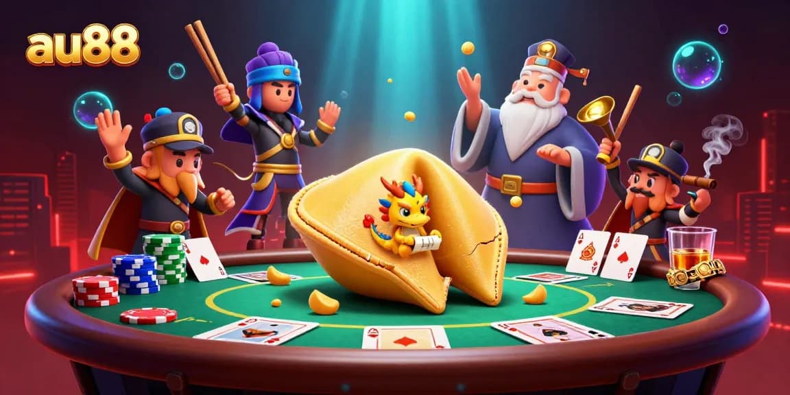 Experience the vibrant world of au88 with a lively depiction of a golden fortune cookie surrounded by thrilling poker elements.