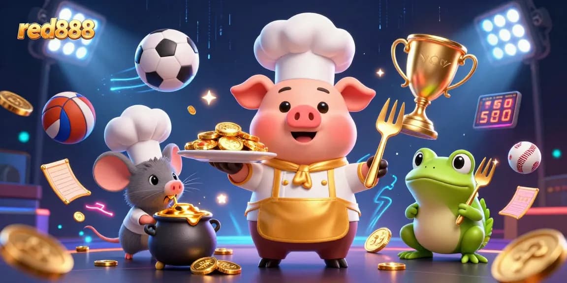 Experience the excitement of red888 with the chef pig serving gold coins in a vibrant casino scene.
