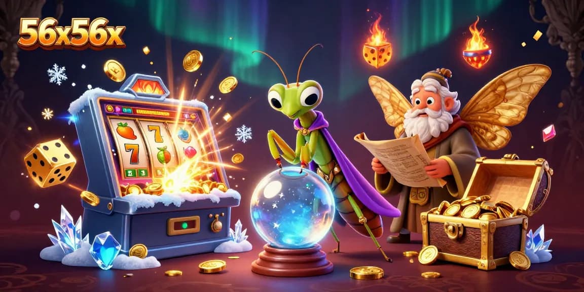 Experience the magic of 56x56x with vibrant slot machines, and mystical characters in a colorful casino scene