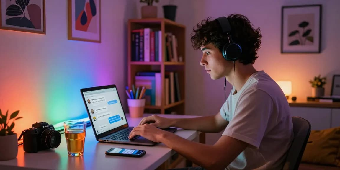 Engaging scene of a young adult interacting with an nsfw ai chat on a laptop in a cozy urban room.