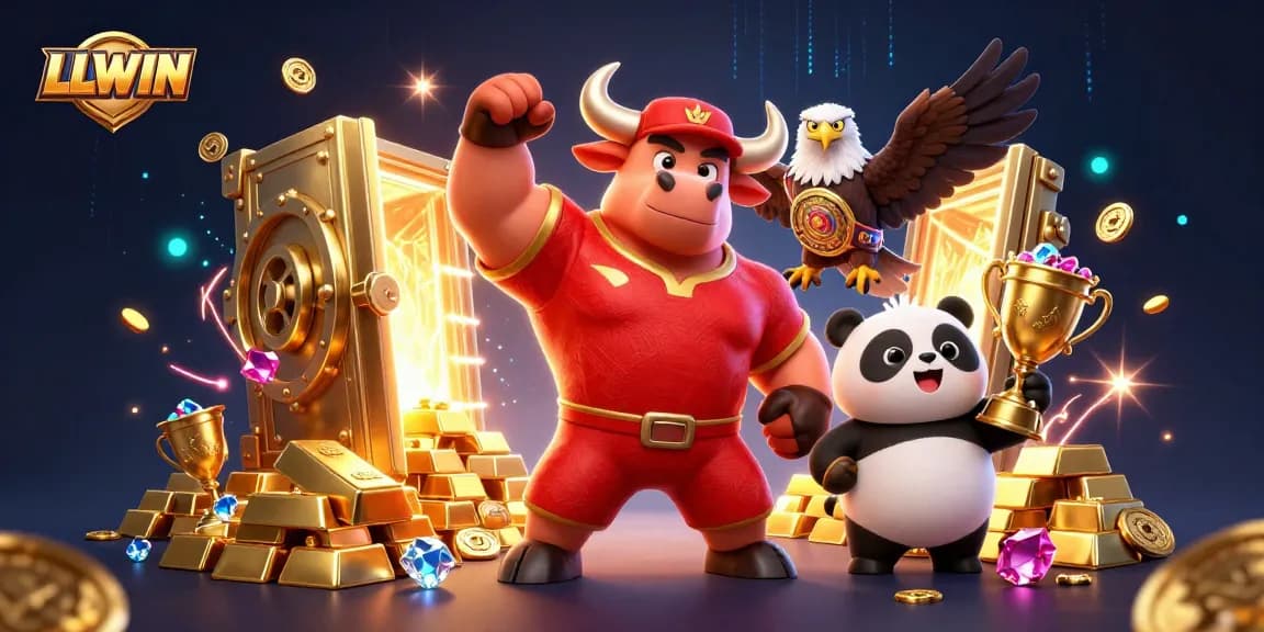LLWIN rewards players with rich experiences in online gambling, showcasing vibrant characters and gold treasures.