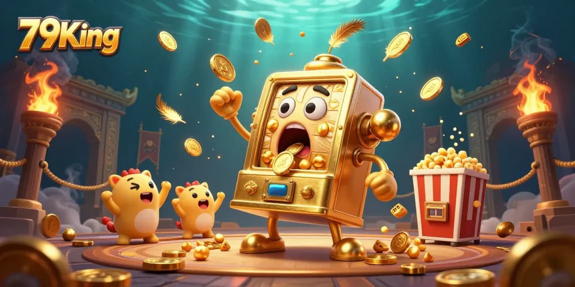 79King slot machine hits jackpot, surrounded by cheering machines and golden coins in a vibrant casino scene.