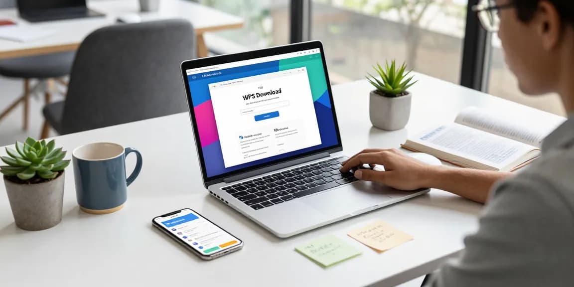 WPS Download in action at a modern workspace with a laptop, smartphone, and coffee