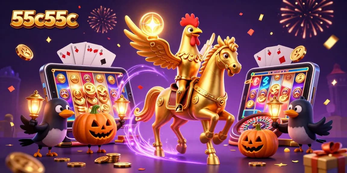 55c55c apresenta uma ilustração 3D detalhada de um galo dourado com foco em cassino.