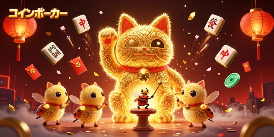 コインポーカーで楽しむビジュアル体験を表現した華やかな3Dイラスト