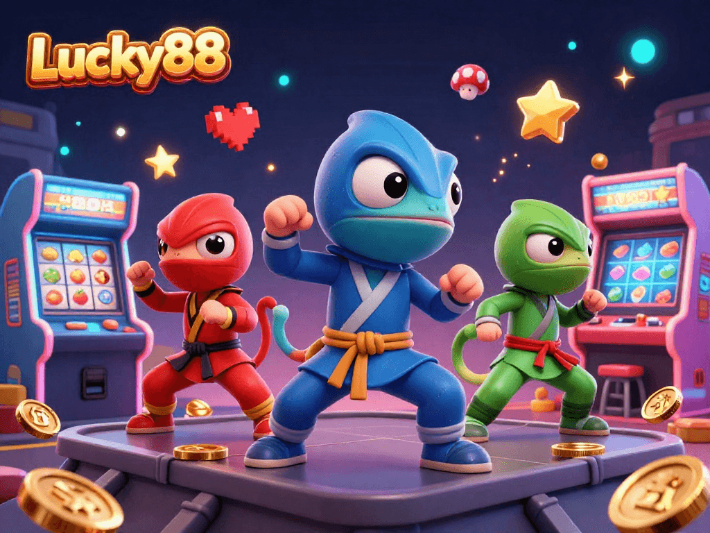 Lucky88 chameleon team showcases thrilling casino action with vibrant arcade elements and slot reels.