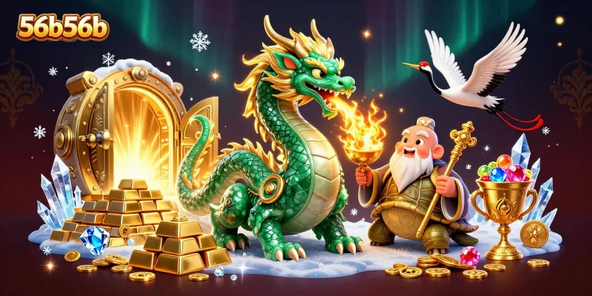 Bet on excitement with 56b56b, featuring a jade dragon and lucky symbols in a vibrant casino scene.