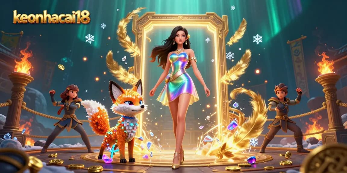 Bet on keonhacai18 with a colorful futuristic scene showcasing a captivating woman and a digital fox.