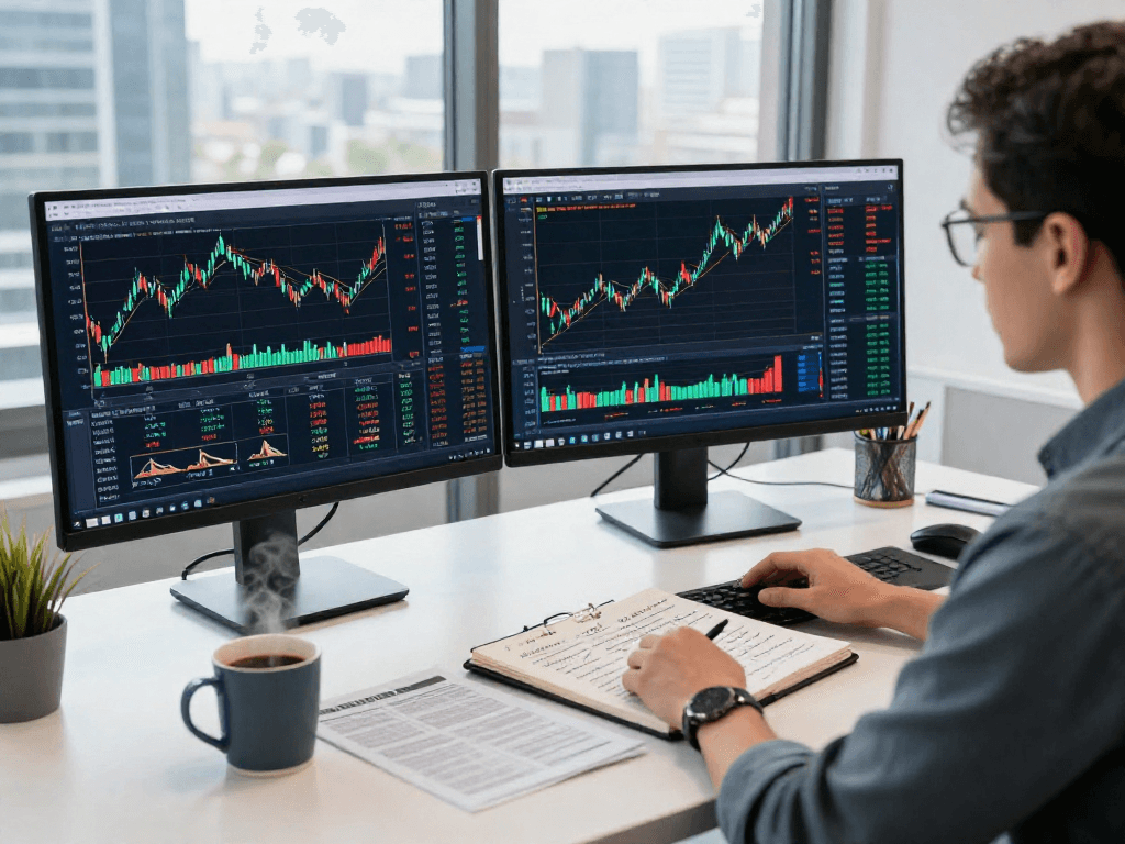 使用TradingView进行股票和外汇分析的金融分析师在现代办公桌前，拥有多个交互式图表的桌面。
