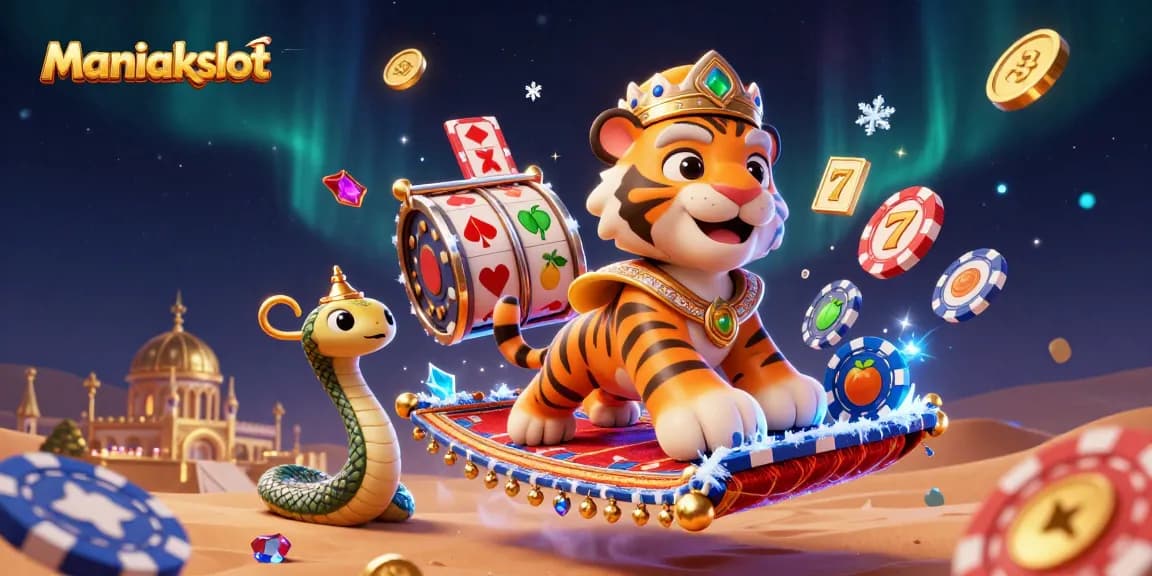 Spin the reels of Maniakslot with an Arabian sultan and magical treasures in a vibrant casino scene.