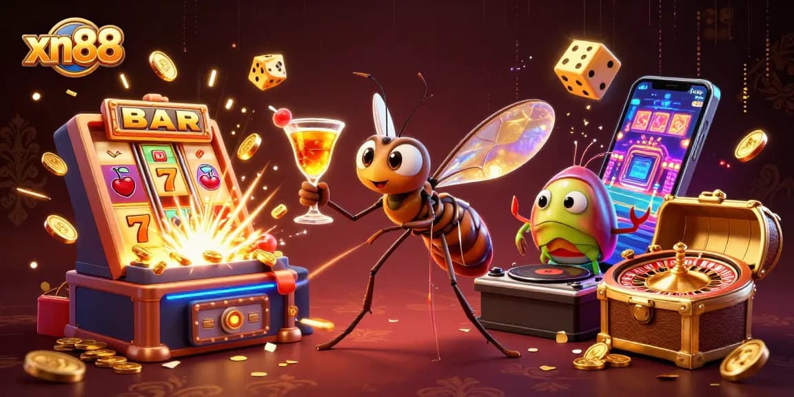xN88 features a vibrant casino scene with a mosquito mascot and a trilobite DJ spinning games for thrilling jackpots.