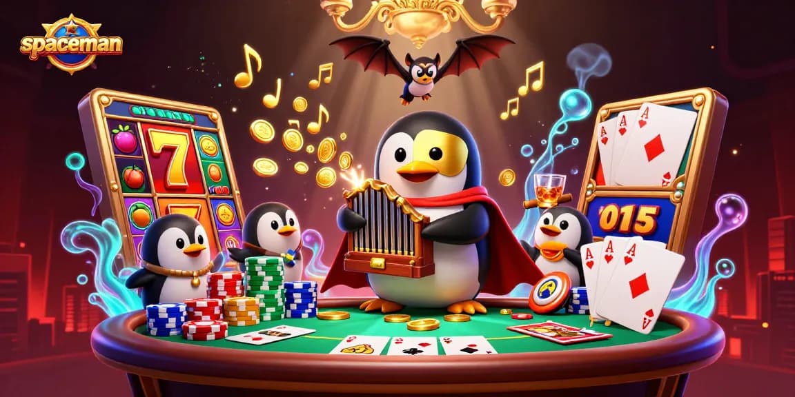 Win big with Spaceman slots as the penguin plays in a vibrant casino scene filled with golden coins and jackpot thrills.