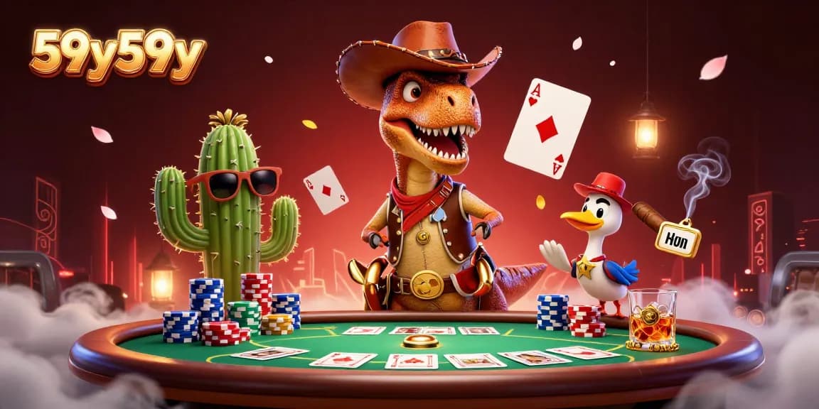 Ilustração 3D detalhada do 59y59y com dinossauro cowboy jogando pôquer em um ambiente colorido.