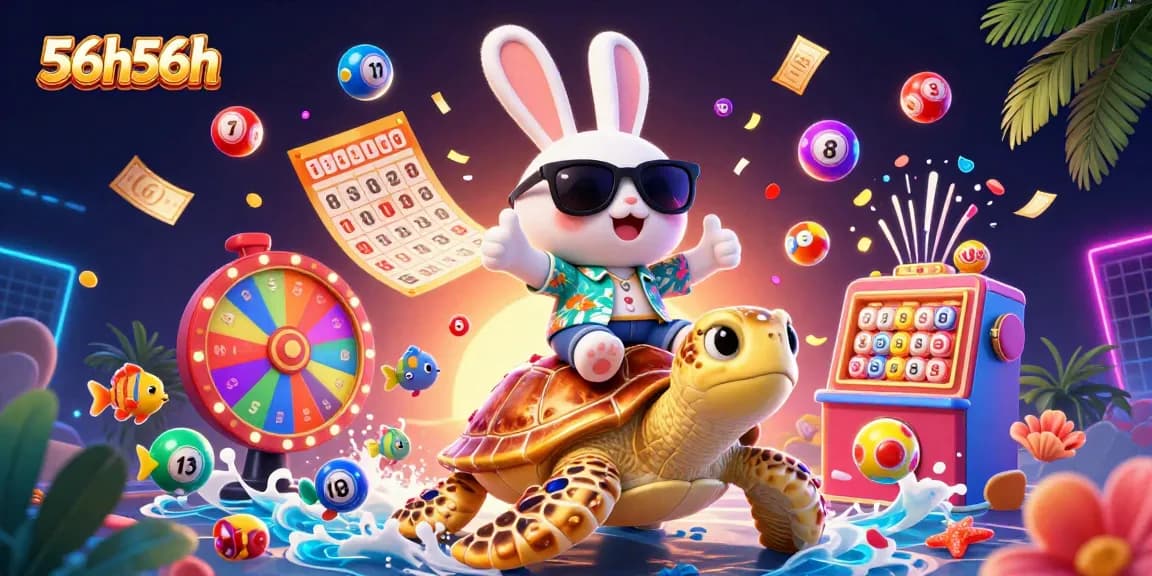 Engage with 56h56h's exciting lottery game atmosphere featuring a cartoon rabbit and sea turtle.