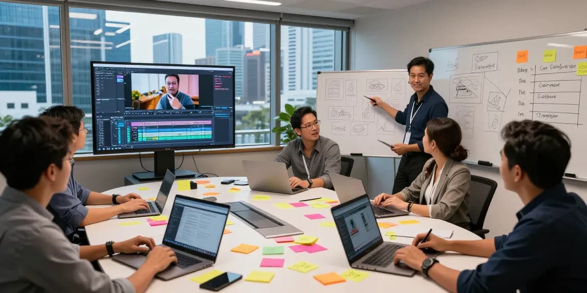 Creative team collaborating in a corporate video production studio in Singapore, showcasing innovative brainstorming and dynamic teamwork.