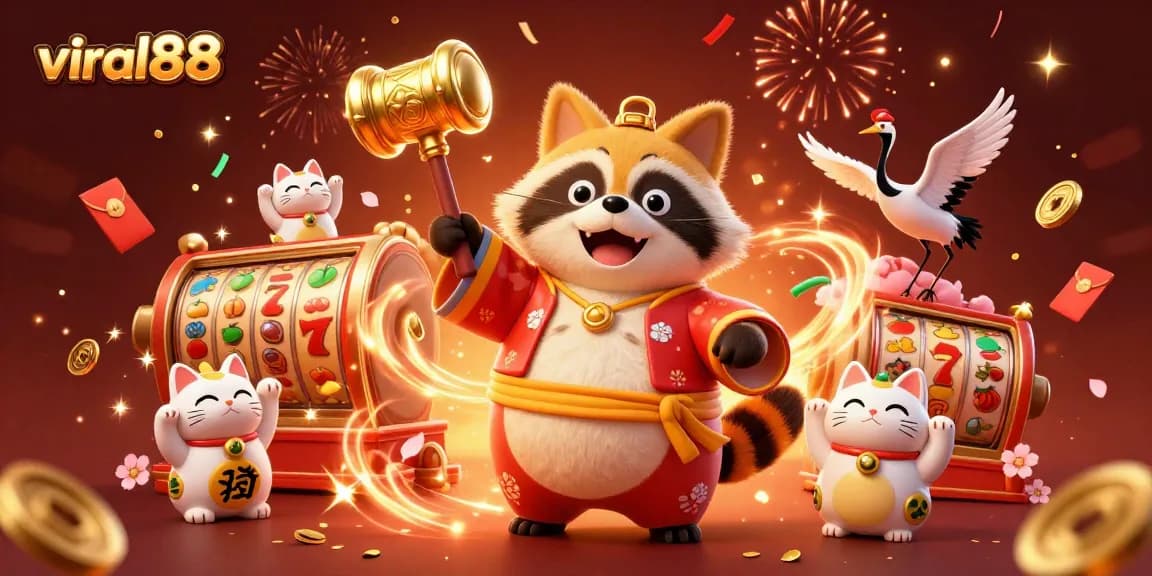 Spin to win at viral88 with a vibrant festival scene showcasing lucky symbols and cheerful characters.
