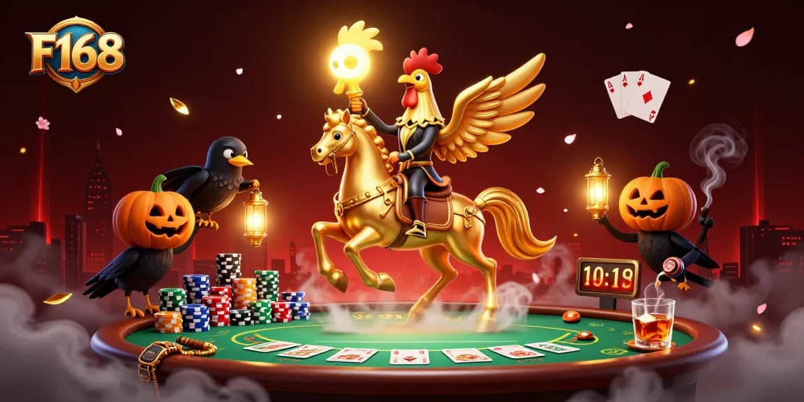 F168 showcases a golden rooster headless horseman amidst poker tables and vibrant casino elements.