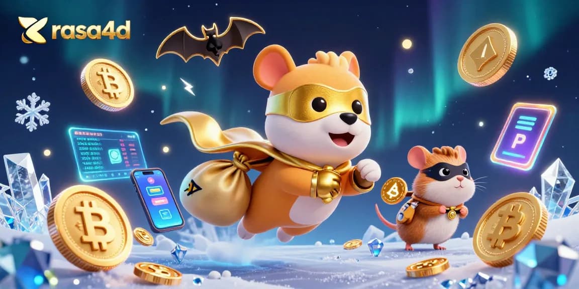 Rasa4D menghadirkan superhero anjing terbang membawa koin emas, dikelilingi elemen judi modern.