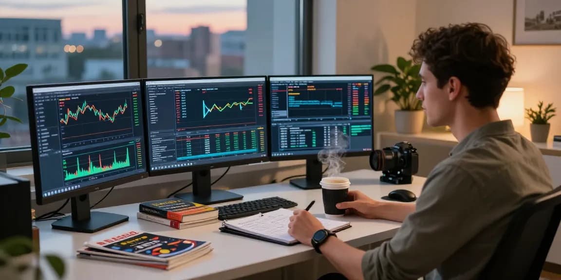Trader using MetaTrader 4 with Forex charts in a professional home office.